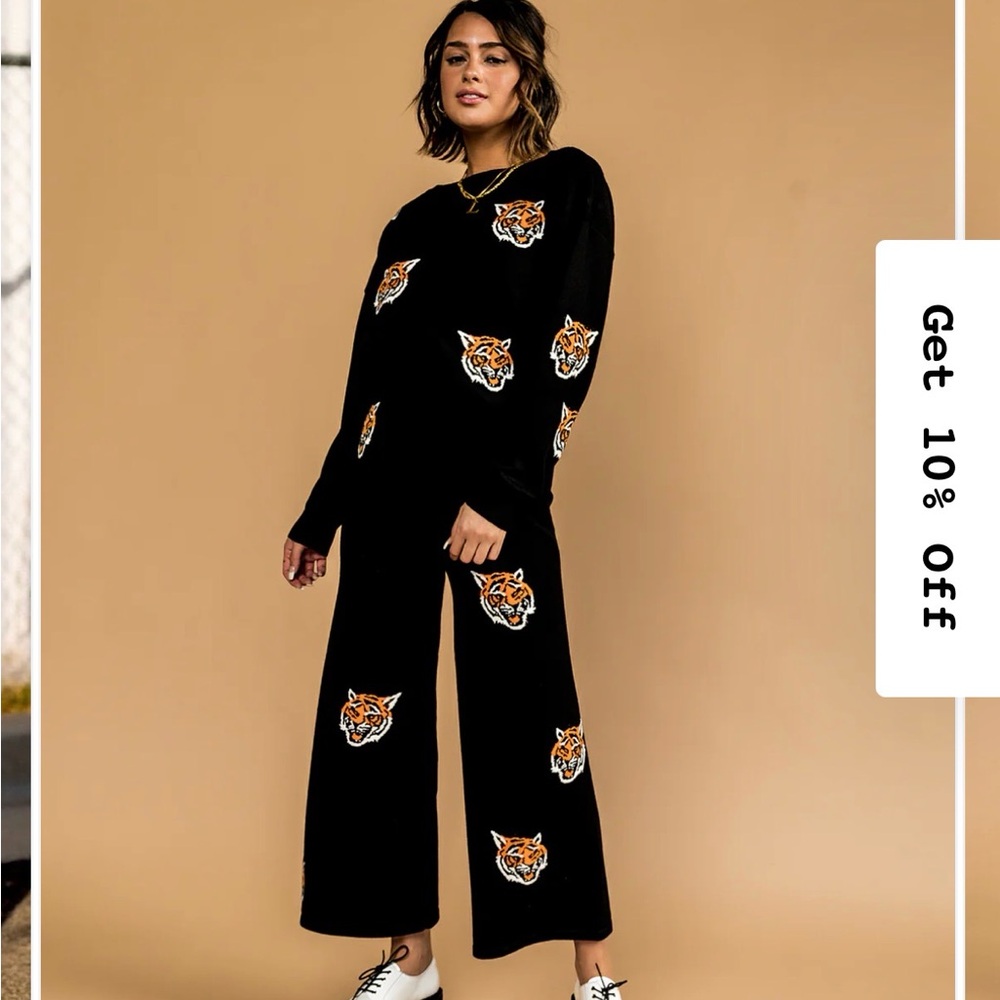 Dressed in LALA Black Wide-Leg Jumpsuit with Tiger Embroidery